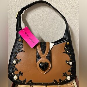 Betsey Johnson Black and Brown Heart Accent Shoulder Bag